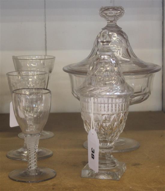 Glass comport and cover, a cut glass honey jar and cover & three Georgian wine glasses